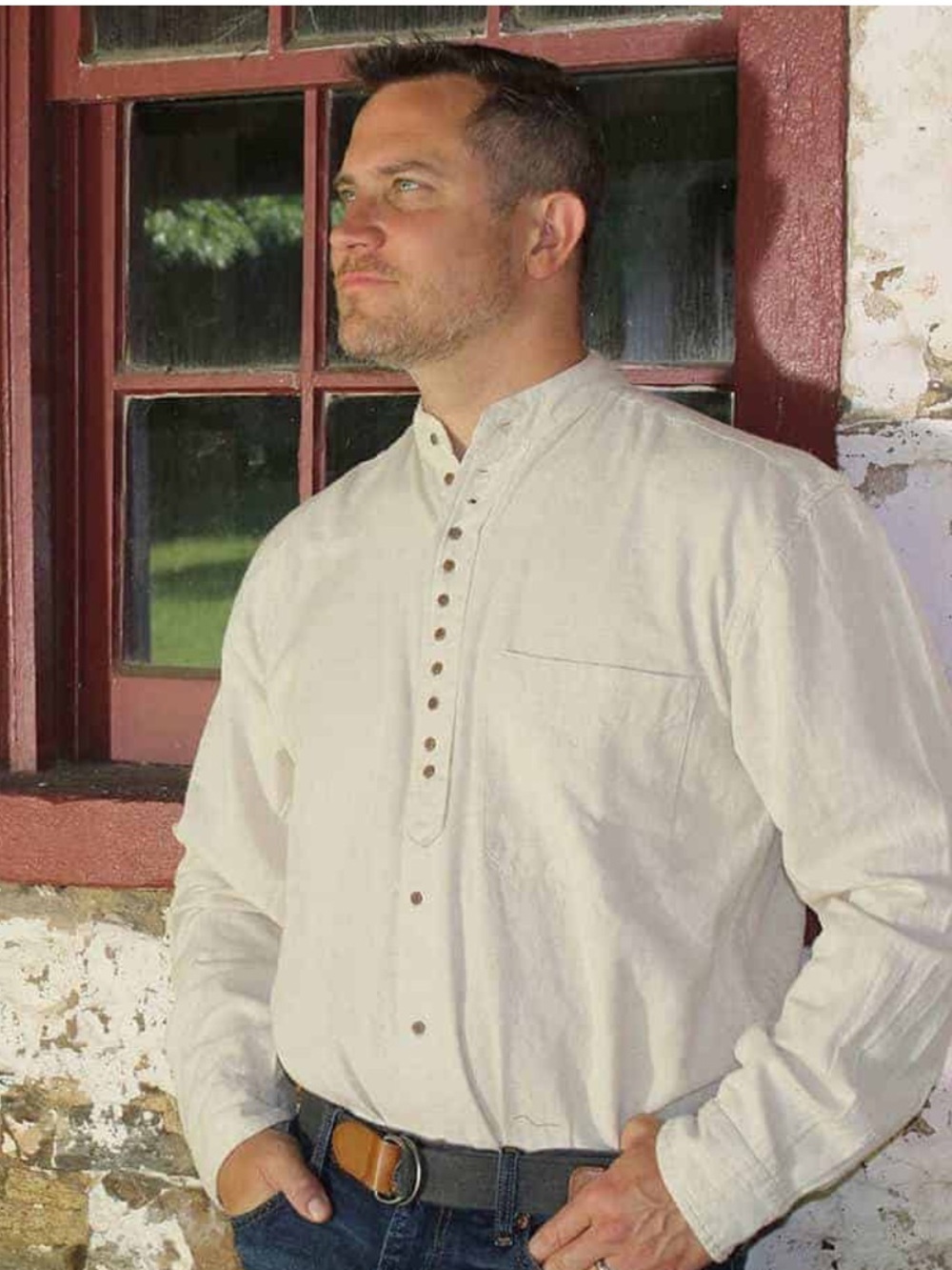 Celtic Clothing Classic Grandfather Shirt Beige Sz XL Cotton Flax Linen L/S